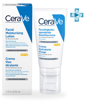 Аптечная косметика. Уход за лицом CERAVE CeraVe Увлажняющий лосьон для лица для нормальной и сухой кожи SPF25, 52 мл