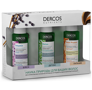 Аптечная косметика. Уход за волосами VICHY Dercos Nutrients Подарочный набор ТРИО (Детокс-шампунь 100 мл + Шампунь Витамин 100 мл + Шампунь Восстанавливающий 100 мл)