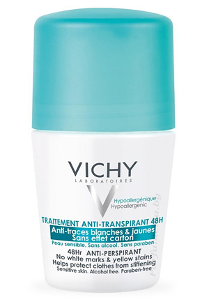 Аптечная косметика. Дезодорант VICHY Шариковый дезодорант-антиперспирант против белых и желтых пятен 48 часов защиты
